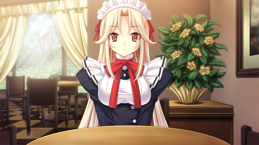 1girl, anata_no_koto_wo_suki_to_iwasete, blonde_hair, bow, bowtie, breasts, chair, curtains, cygnus_(cygnus7), earrings, flower, game_cg, jewelry, long_hair, looking_at_viewer, maid, maid_headdress, mole, onose_shizuka, orange_eyes, satofuji_masato, sitting, table, vase