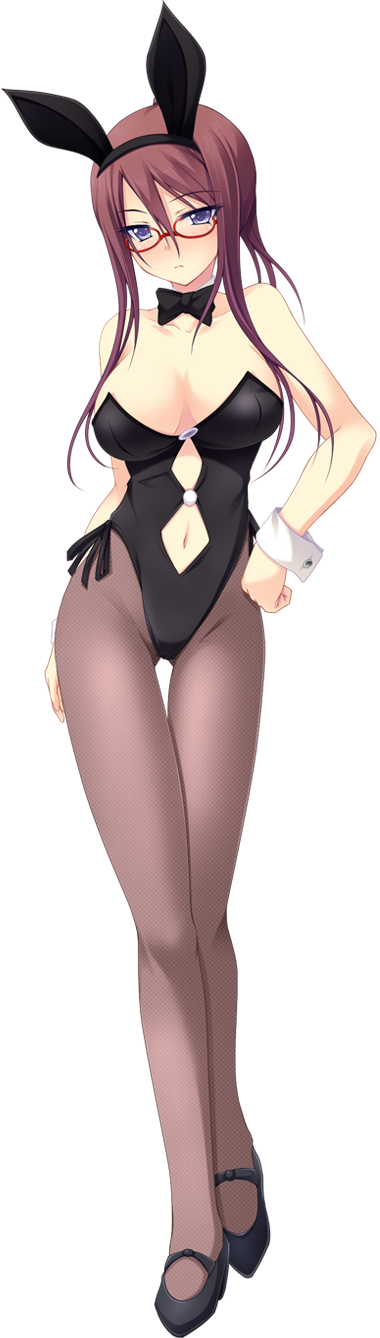 1girl, akikawa_kiyoka, anata_no_koto_wo_suki_to_iwasete, animal_ears, bare_shoulders, blue_eyes, blush, bow, bowtie, breasts, brown_hair, cleavage, cygnus_(cygnus7), fake_animal_ears, feet, female_focus, fishnet_pantyhose, fishnets, game_cg, glasses, high_heels, highres, huge_breasts, legs, long_hair, looking_at_viewer, pantyhose, playboy_bunny, rabbit_ears, satofuji_masato, simple_background, solo, standing, thighs, white_background, wrist_cuffs