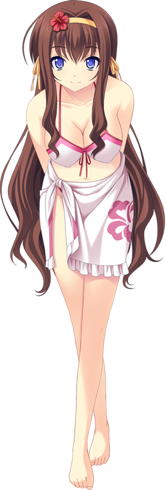 1girl, anata_no_koto_wo_suki_to_iwasete, arms_behind_back, barefoot, bikini, blue_eyes, breasts, brown_hair, cleavage, cygnus_(cygnus7), feet, female_focus, fujikura_yukino, game_cg, large_breasts, legs, long_hair, looking_at_viewer, satofuji_masato, simple_background, smile, solo, standing, swimsuit, thighs, toes, white_background