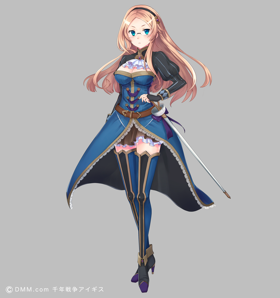 1girl, blue_eyes, blush, boots, breasts, full_body, glasses, grey_background, kagosayu, katie_(sennen_sensou_aigis), large_breasts, long_hair, official_art, sennen_sensou_aigis, simple_background, skirt, sword, thigh_boots, thighhighs, weapon