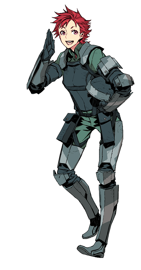 1girl, 7th_dragon_(series), 7th_dragon_2020, 7th_dragon_2020-ii, :d, body_armor, doujima_rin, female_focus, full_body, helmet, looking_at_viewer, miwa_shirow, open_mouth, pouch, red_eyes, red_hair, salute, short_hair, smile, solo, unworn_headwear, unworn_helmet, white_background