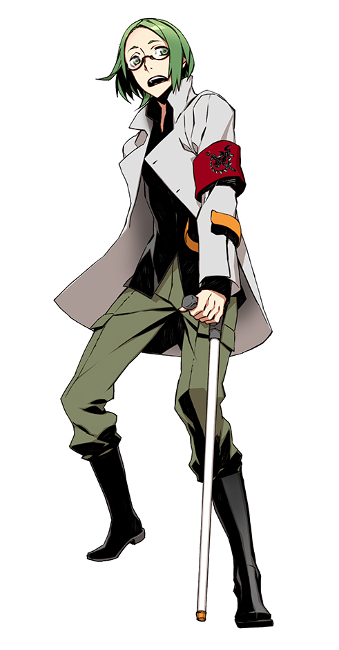 1boy, 7th_dragon_(series), 7th_dragon_2020, 7th_dragon_2020-ii, armband, ayafumi_kirino, crutch, full_body, glasses, green_eyes, green_hair, lab_coat, male_focus, matching_hair/eyes, miwa_shirow, semi-rimless_eyewear, short_hair, solo, standing, under-rim_eyewear, white_background
