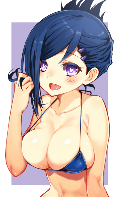 10s, 1girl, :d, bare_shoulders, bikini, blue_bikini, blue_eyes, blue_hair, blush, breasts, cleavage, female_focus, folded_ponytail, hair_ornament, hairpin, heart, heart-shaped_pupils, inou-battle_wa_nichijou-kei_no_naka_de, kawakami_masaki, kudou_mirei, large_breasts, matching_hair/eyes, navel, open_mouth, playing_with_own_hair, smile, solo, swimsuit, symbol-shaped_pupils, tan