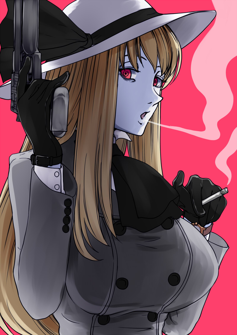 1girl, ascot, black_gloves, blowing_smoke, breasts, cigarette, female_focus, gloves