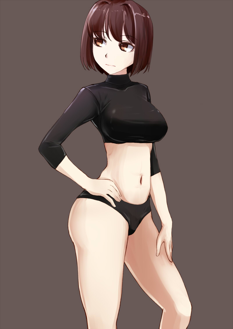 10s, 1girl, black_panties, bob_cut, breasts, brown_background, brown_eyes, brown_hair, collarbone, cowboy_shot, crop_top, female_focus, hand_on_own_hip, hyuuga_(kancolle), kantai_collection, kirisaki_akihito, large_breasts, looking_away, midriff, navel, no_pants, panties, shirt, short_hair, solo, standing, taut_clothes, taut_shirt, underwear