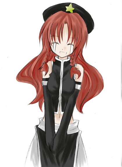 1girl, alternate_color, alternate_costume, beret, black_hat, black_skirt, black_vest, braid, chinese_clothes, crying, detached_sleeves, facing_viewer, female_focus, gloves, hat, hong_meiling, long_hair, midriff, miwa_maku, red_hair, simple_background, skirt, solo, star_(symbol), tears, touhou, twin_braids, upper_body, v_arms, vest