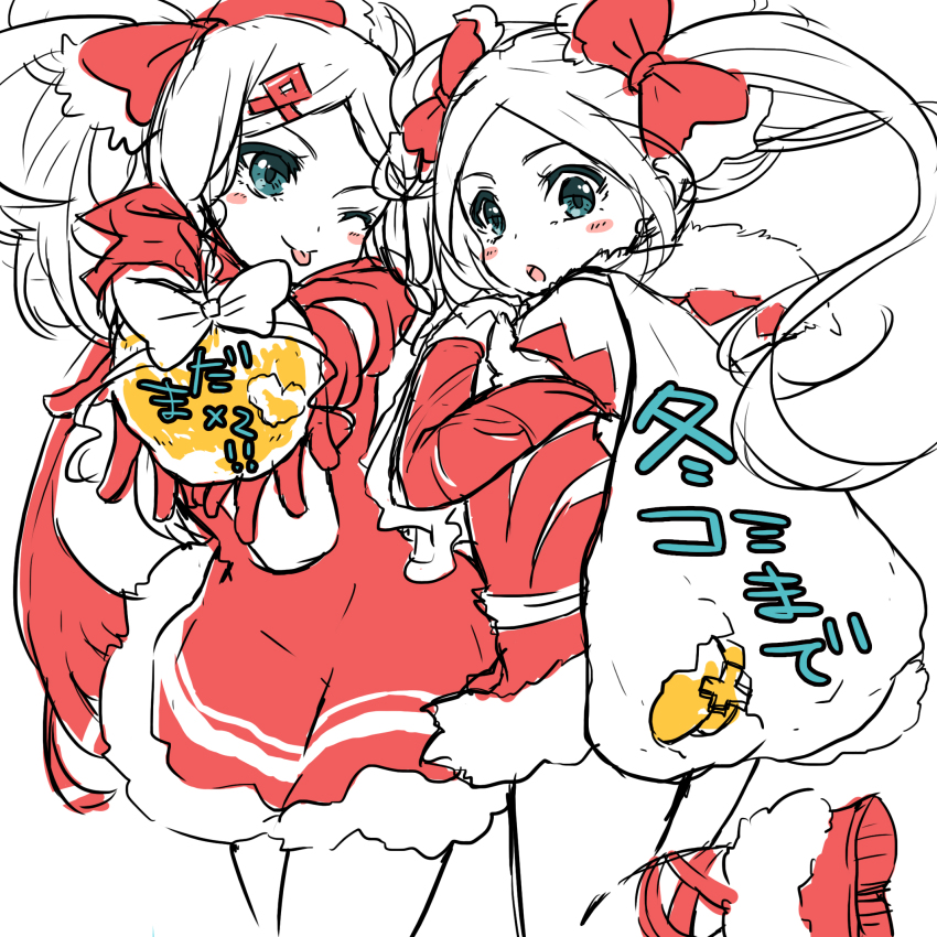 2girls, :o, ;p, blue_eyes, blush_stickers, bow, colored_eyelashes, dress