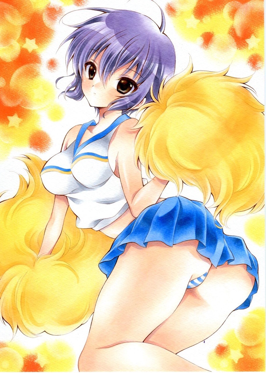 1girl, ass, bad_anatomy, bad_id, bad_pixiv_id, blue_skirt, breasts, brown_eyes