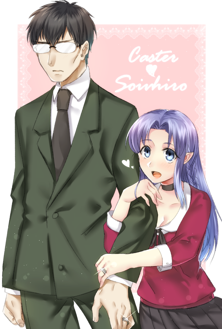 1boy, 1girl, arm_hug, black_hair, blue_eyes, blue_hair, couple, fate/stay_night