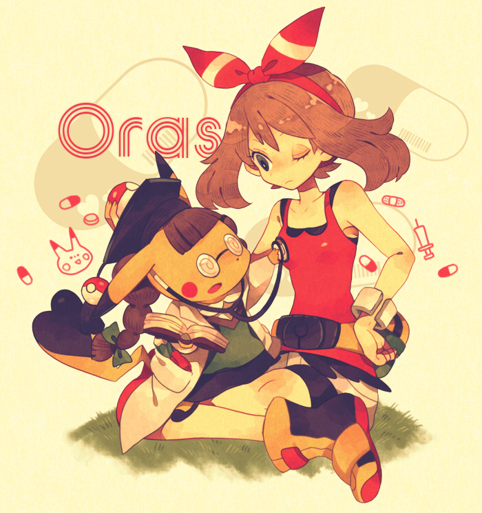 10s, bandana, bare_shoulders, blue_eyes, clothed_pokemon, coke-bottle_glasses, cosplay_pikachu, gen_1_pokemon