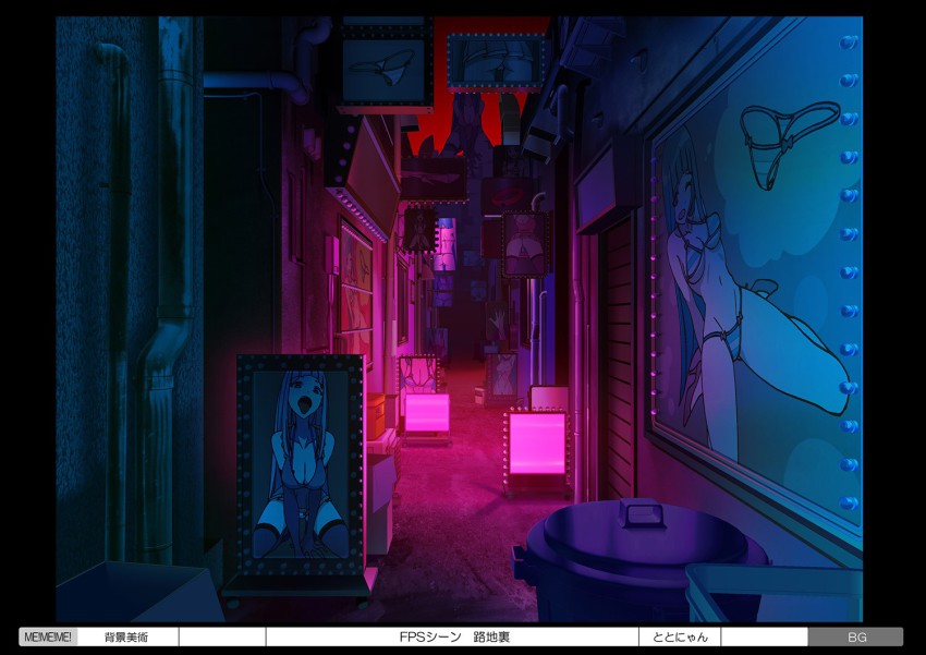 1girl, alley, bare_shoulders, bikini, bikini_under_clothes, blue_hair, bra, breasts