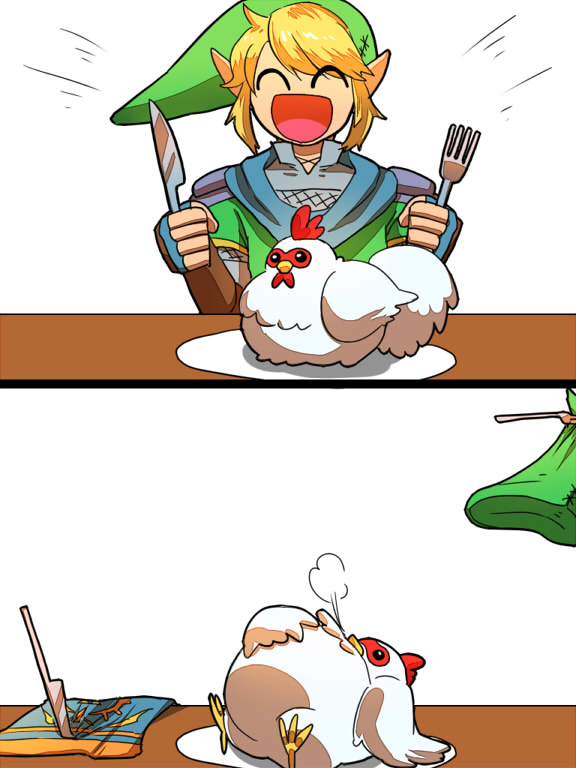1boy, bird, blonde_hair, chicken, cucco, fork, hat, hyrule_warriors, instant_loss, kamiura, knife, link, nintendo, pointy_ears, role_reversal, scarf, shoulder_pads, smile, the_legend_of_zelda, told_you_not_to_do_that, vore