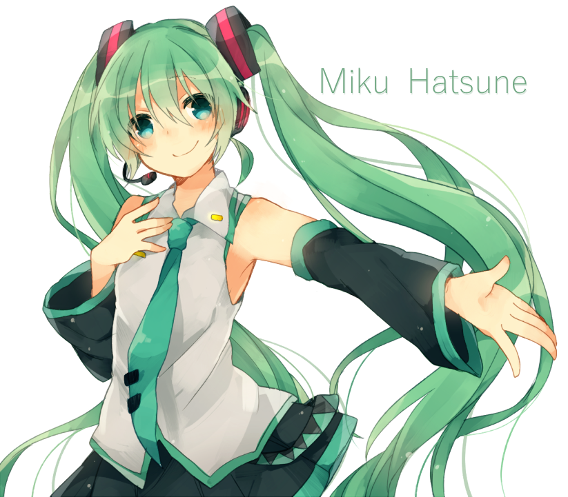 1girl, character_name, detached_sleeves, female_focus, green_eyes, green_hair, hand_on_own_chest, hatsune_miku