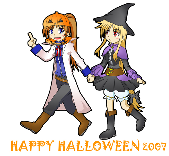 00s, 2007, 2girls, blonde_hair, bubusan, fate_testarossa, halloween, happy_halloween, long_hair, low-tied_long_hair, lyrical_nanoha, mahou_shoujo_lyrical_nanoha, multiple_girls, pumpkin_hat, takamachi_nanoha, witch
