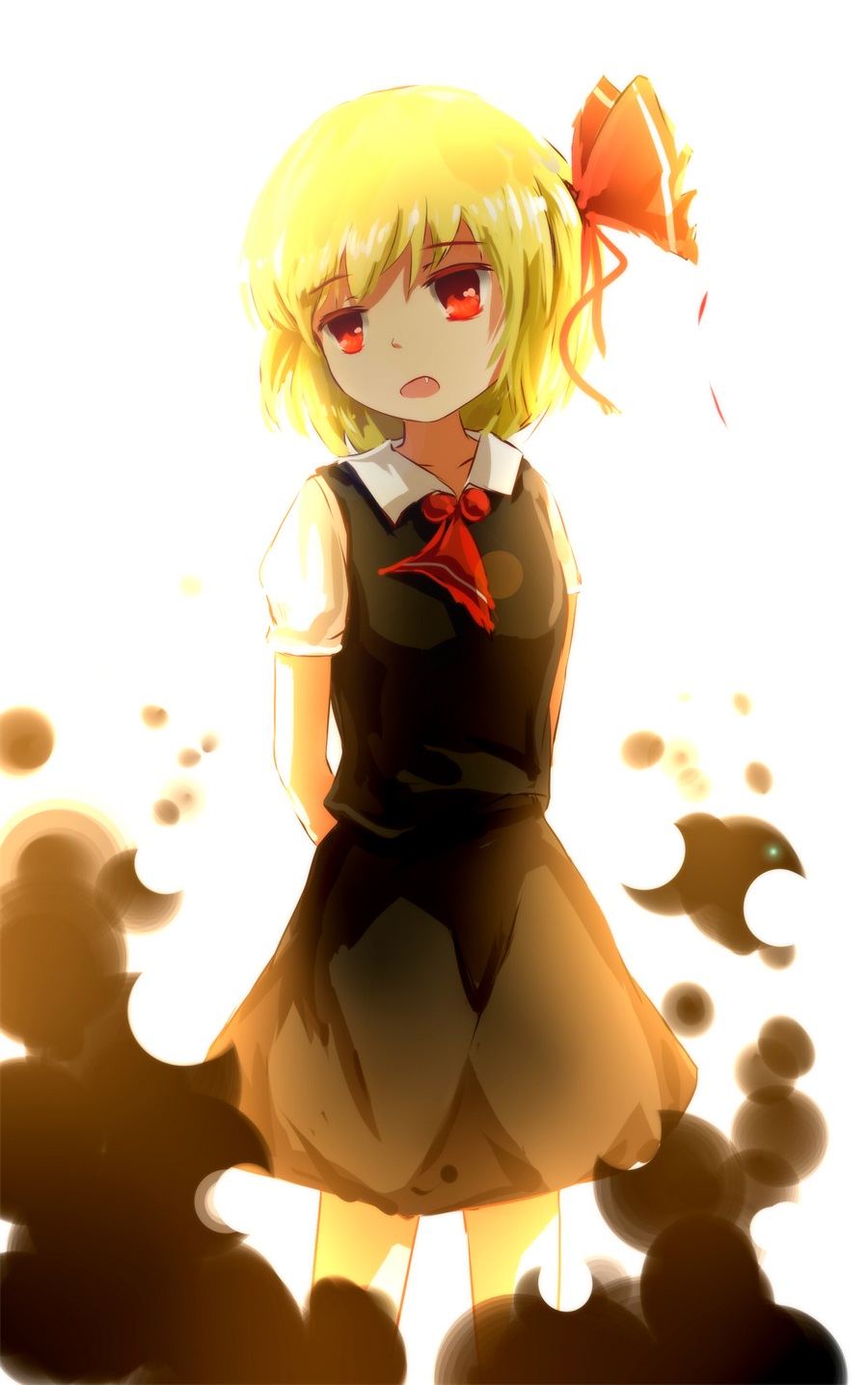 1girl, arms_behind_back, bad_id, bad_pixiv_id, blonde_hair, bow, darkness, fang