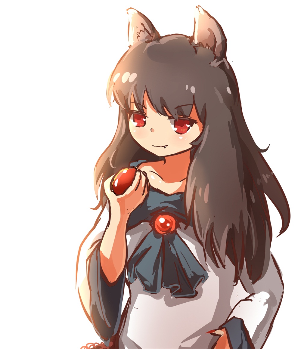 1girl, animal_ears, apple, brooch, brown_hair, dress, fang, female_focus