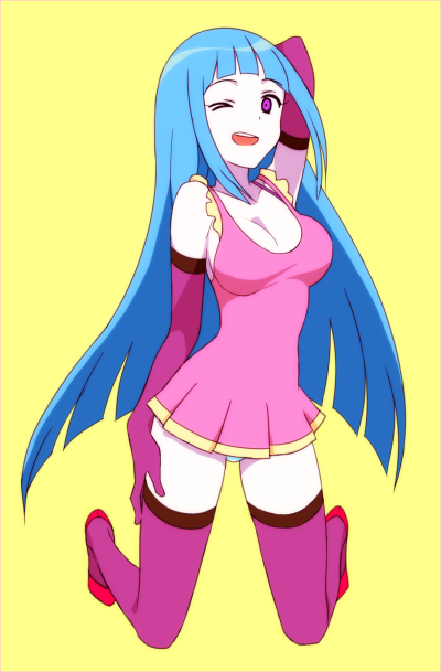 1girl, arm_up, blue_hair, breasts, cleavage, dress, elbow_gloves, female_focus, full_body, gloves, kneeling, korita, long_hair, looking_at_viewer, me!me!me!, meme_(me!me!me!), one_eye_closed, open_mouth, purple_eyes, short_dress, smile, solo, thighhighs, very_long_hair, yellow_background