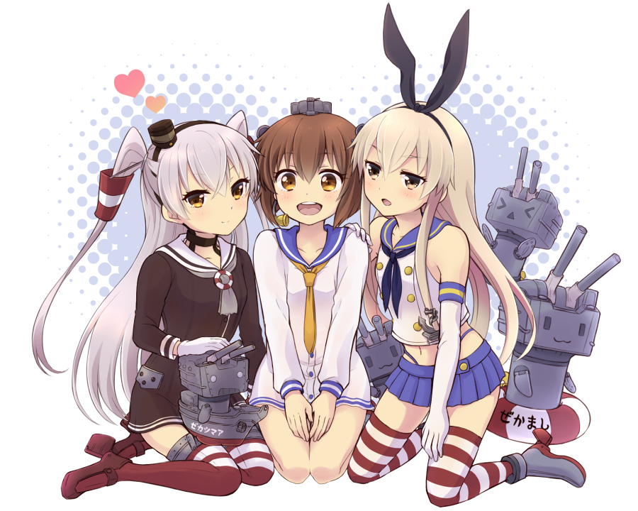 >_<, 10s, 3girls, :3, :d, amatsukaze_(kancolle), blonde_hair, blue_skirt, choker, closed_eyes, dress, girl_sandwich, gloves, hairband, headgear, heart, kantai_collection, looking_at_viewer, multiple_girls, navel, nora_kichi, o_o, open_mouth, red_legwear, rensouhou-chan, rensouhou-kun, sailor_dress, sandwiched, school_uniform, serafuku, shimakaze_(kancolle), short_dress, short_hair, silver_hair, skirt, smile, striped_clothes, striped_legwear, striped_thighhighs, thighhighs, two_side_up, white_gloves, yellow_eyes, yukikaze_(kancolle), zettai_ryouiki