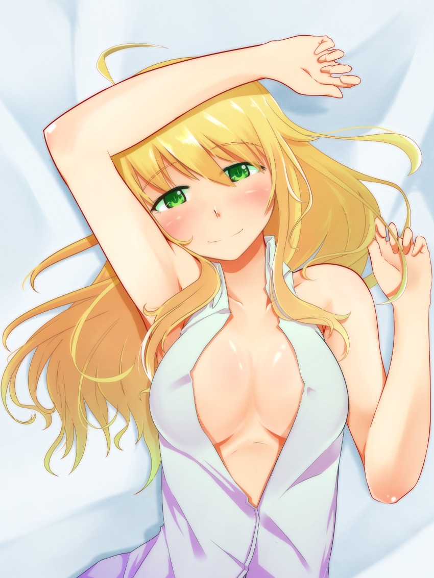 1girl, absurdres, ahoge, arm_up, armpits, blonde_hair, blush, breasts