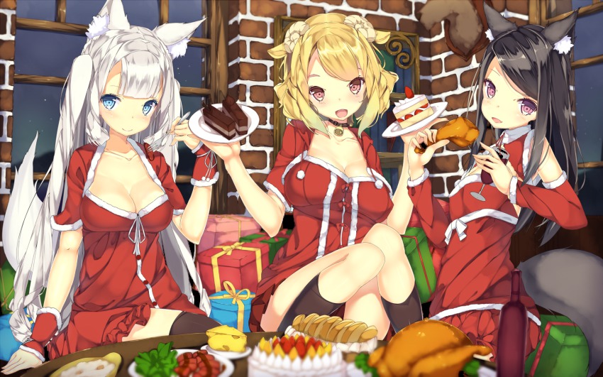 3girls, animal_ears, bell, blurry, blush, breasts, cake, cake_slice