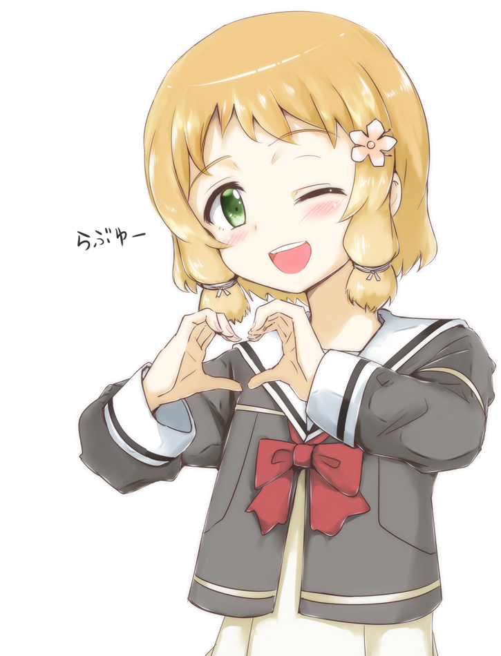 1girl, ;d, aikatsu!, aikatsu!_(series), blonde_hair, blush, catchphrase, female_focus