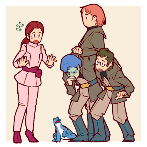 1girl, 3boys, animal, bento_malus, densetsu_kyojin_ideon, frog, glasses, hatari_naburu