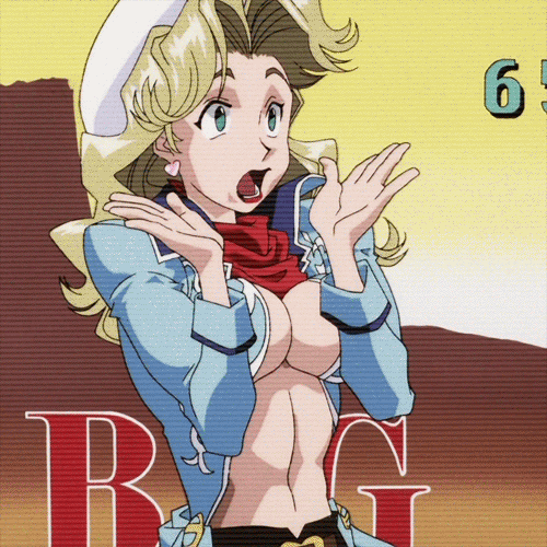 1990s_(style), 1girl, :o, animated, animated_gif, blonde_hair, breasts, breasts_apart