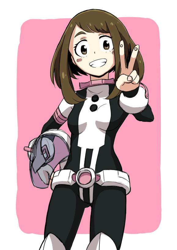10s, 1girl, bodysuit, boku_no_hero_academia, brown_eyes, brown_hair, female_focus, grin, outside_border, short_hair, shuuto_(shu-toritu), smile, solo, uraraka_ochako, uraraka_ochako_(hero_outfit), v