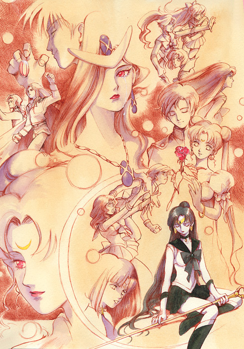 3boys, 6+girls, aino_minako, bishoujo_senshi_sailor_moon, bishoujo_senshi_sailor_moon_(first_season), bishoujo_senshi_sailor_moon_s, chiba_mamoru, colored_pencil_(medium)