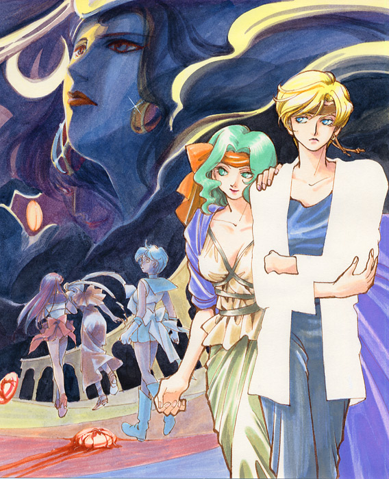 6+girls, alternate_costume, bishoujo_senshi_sailor_moon, bishoujo_senshi_sailor_moon_(first_season), blue_sailor_collar, crossed_arms, earrings, enon+0+, hand_on_another's_shoulder, headband, hino_rei, ink_(medium), jewelry, kaiou_michiru, marker_(medium), mizuno_ami, moonlight, multiple_girls, nib_pen_(medium), pen_(medium), queen_beryl, sailor_collar, sailor_mars, sailor_mercury, ten'ou_haruka, traditional_media, tsukino_usagi, walking