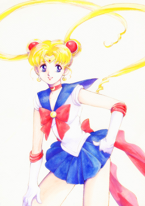 1girl, acrylic_paint_(medium), bishoujo_senshi_sailor_moon, blonde_hair, blue_eyes, blue_sailor_collar, bow, choker