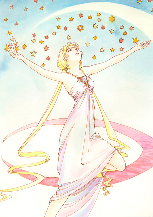 1girl, aged_up, bare_shoulders, bishoujo_senshi_sailor_moon, blonde_hair, crescent_moon, dress, enon+0+