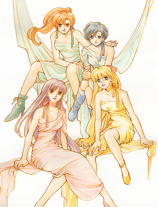 4girls, aino_minako, bare_shoulders, bishoujo_senshi_sailor_moon, black_hair, blonde_hair, blue_hair, brown_hair, choker, enon+0+, hino_rei, ink_(medium), inner_senshi, interlocked_fingers, kino_makoto, mizuno_ami, multiple_girls, nib_pen_(medium), own_hands_clasped, own_hands_together, parted_lips, pen_(medium), ribbon_choker, sitting, traditional_media