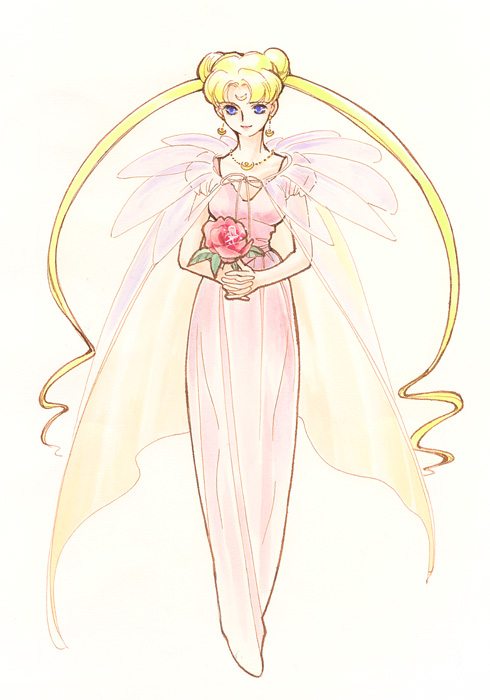 1girl, alternate_costume, bishoujo_senshi_sailor_moon, blonde_hair, blue_eyes, cape, crescent, crescent_facial_mark