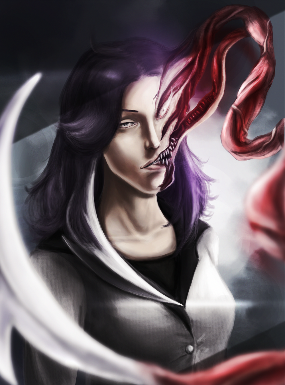 1girl, blade, breasts, chooone, female_focus, highres, kiseijuu, looking_at_viewer, md5_mismatch, monster, monster_girl, purple_hair, sharp_teeth, solo, tamiya_ryouko, teeth, tentacles