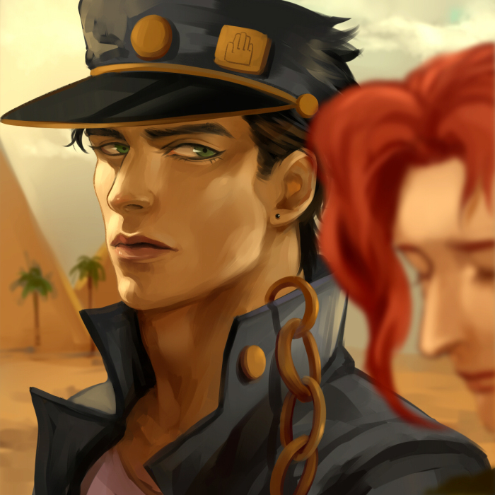 2boys, black_hair, green_eyes, hat, jojo_no_kimyou_na_bouken, kakyoin_noriaki, kilva_lollop, kuujou_joutarou