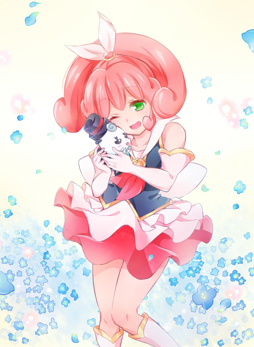 10s, 1girl, ;d, boots, brooch, creature, cure_mirage, elbow_gloves