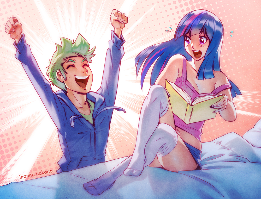 1boy, 1girl, bare_arms, bare_legs, bed, book, closed_eyes, crop_top