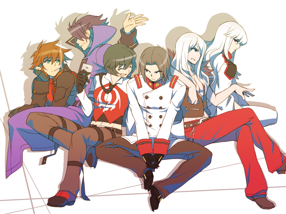 6+boys, akatsuki_(akatsuki_en-eins), akatsuki_blitzkampf, bad_id, bad_twitter_id, black_hair, brown_hair, carmine_(under_night_in-birth)