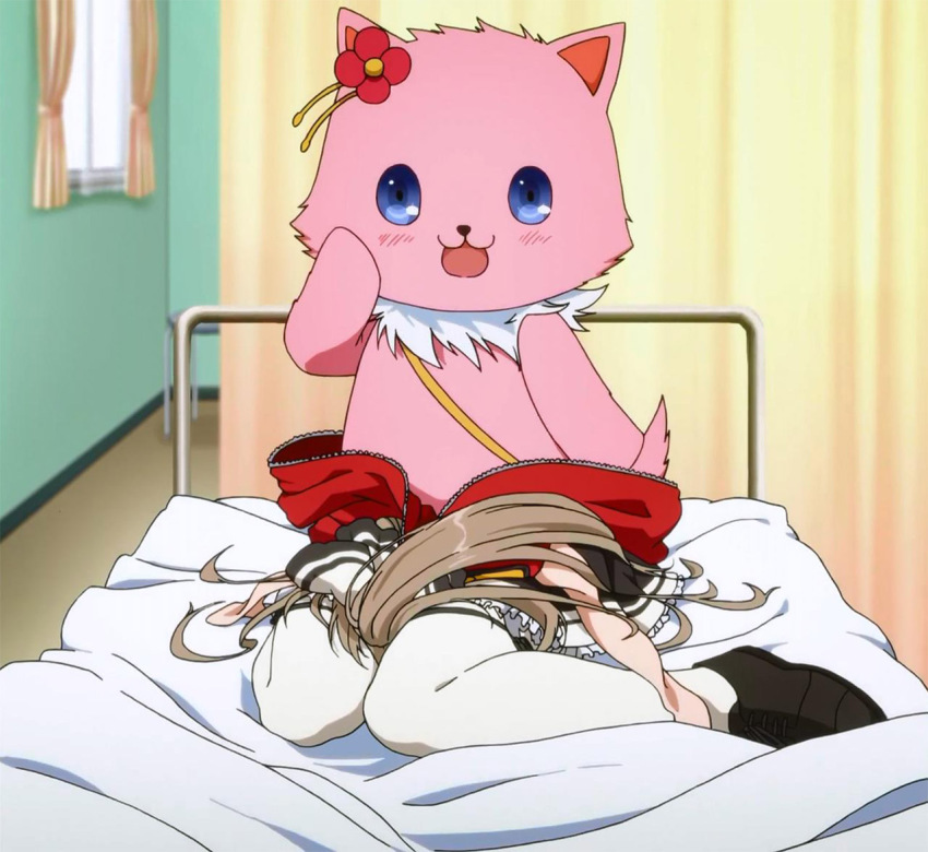 amagi_brilliant_park, animal_ears, anime_screenshot, bed, blush, cat_ears, cosplay, furry