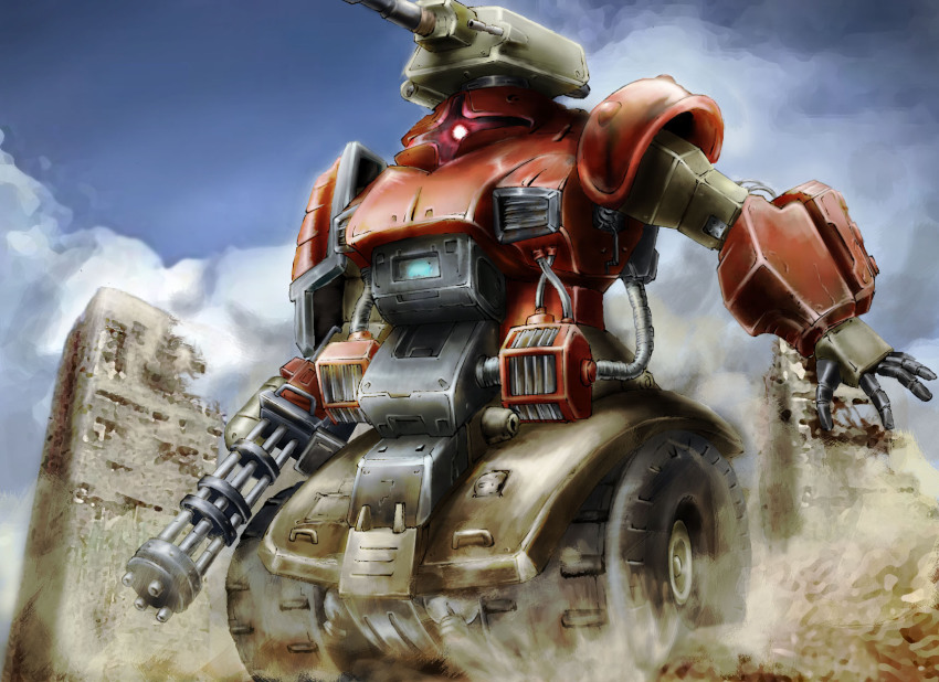 gatling_gun, gigan_(mobile_suit), gun, gundam, gundam_msv, highres, kihou_no_gotoku_dmc, mecha, robot, weapon, wheel