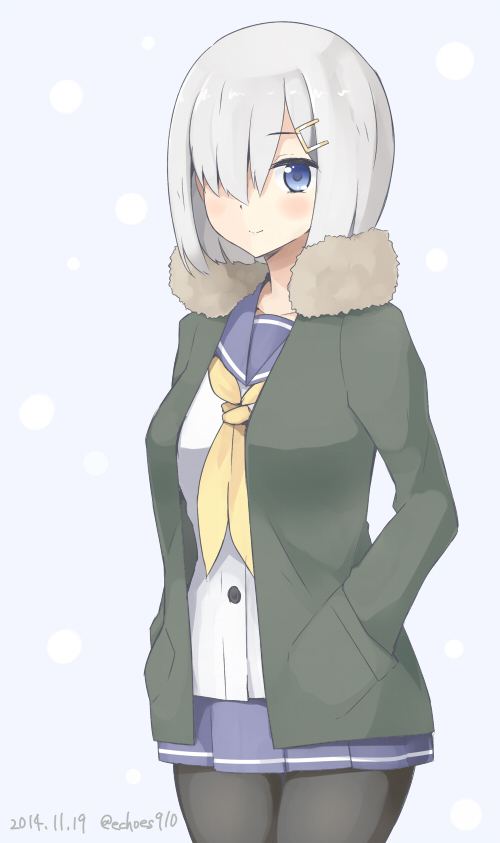 10s, 1girl, black_pantyhose, blue_eyes, blue_skirt, blush, coat, cowboy_shot