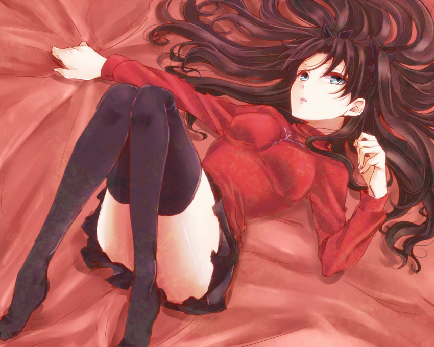 1girl, black_hair, black_thighhighs, blue_eyes, convenient_leg, fate/stay_night, fate_(series), female_focus, kanade_(reveryearth), long_legs, lying, on_back, solo, thighhighs, tohsaka_rin, two_side_up