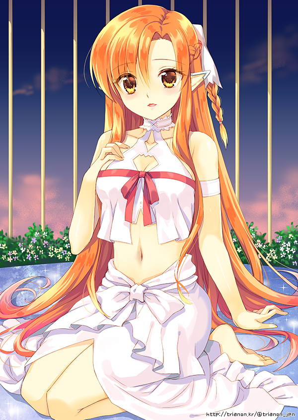 10s, 1girl, arm_support, asuna_(sao), bad_id, bad_pixiv_id, bare_shoulders, barefoot