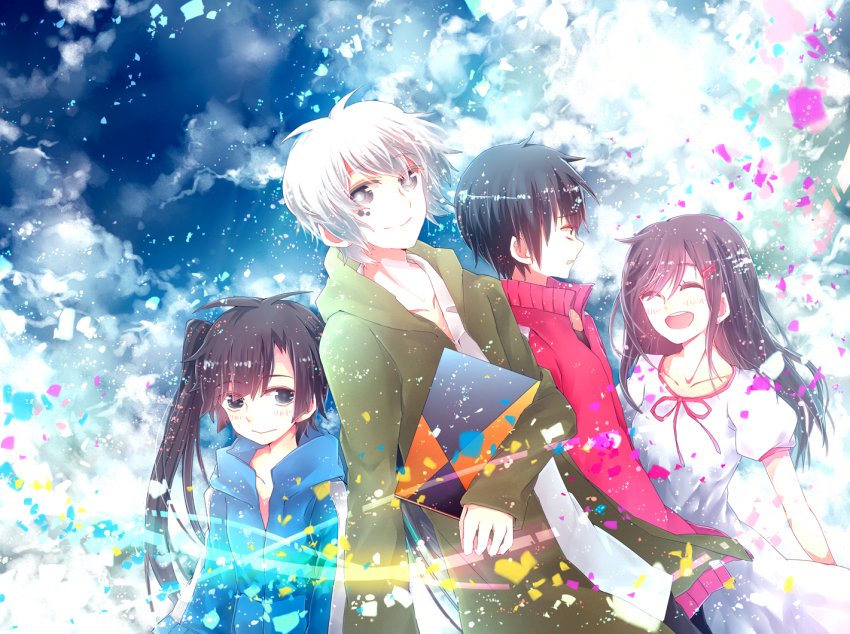 2boys, 2girls, :d, ^_^, bad_id, bad_pixiv_id, black_eyes, black_hair