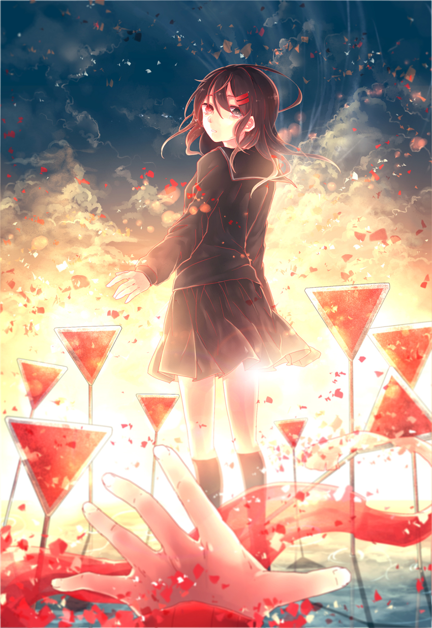 1girl, brown_hair, cloud, crying, heterochromia, highres, kagerou_project, kisaragi_shintarou