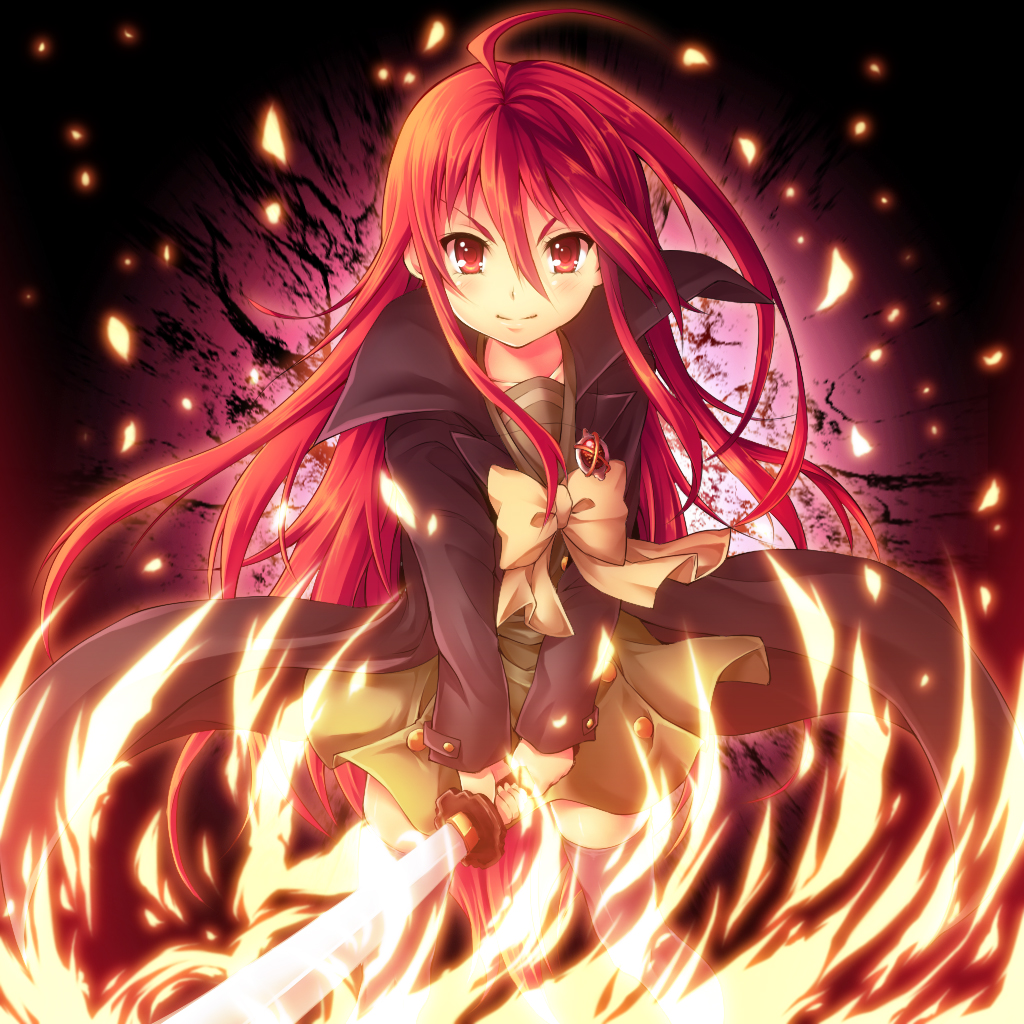 1girl, ahoge, alastor_(shakugan_no_shana), bow, coat, fire, jewelry, long_hair