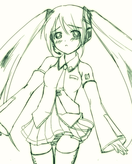 1girl, detached_sleeves, female_focus, green_theme, hatsune_miku, monochrome, panties, solo