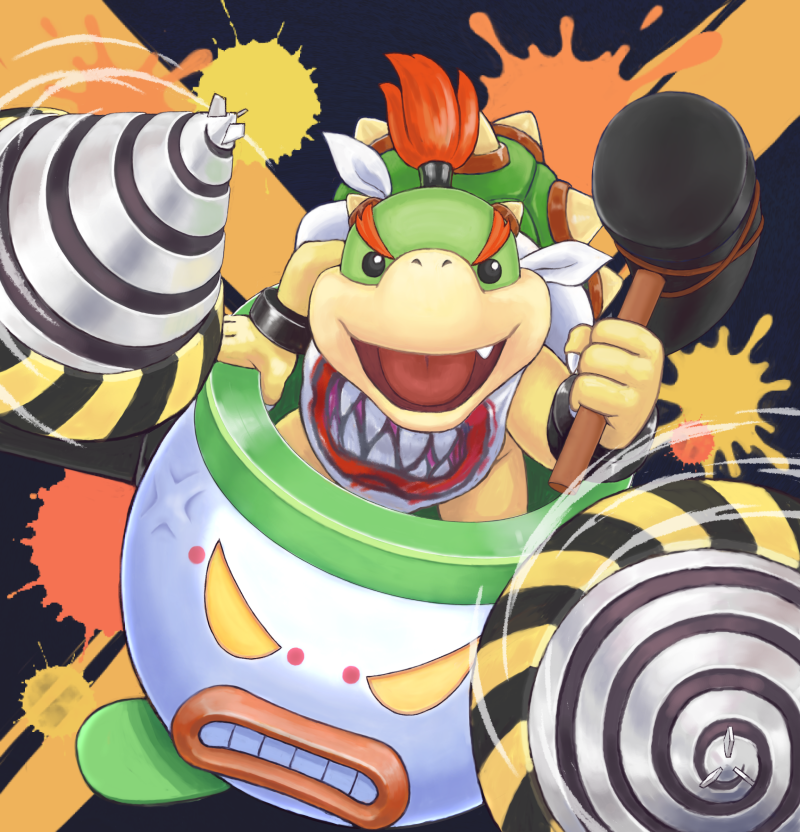 1boy, amuno, anger_vein, bandana, bowser_jr., clenched_teeth, drill, fang, hammer, mario_(series), nintendo, open_mouth, red_hair, shell, spikes, super_mario_bros._1, super_smash_bros., teeth, yellow_eyes