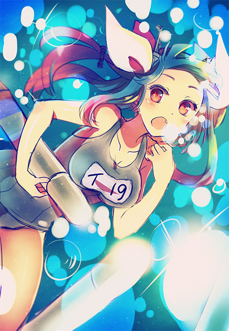 10s, 1girl, air_bubble, bad_id, bad_pixiv_id, blue_hair, blush, breasts